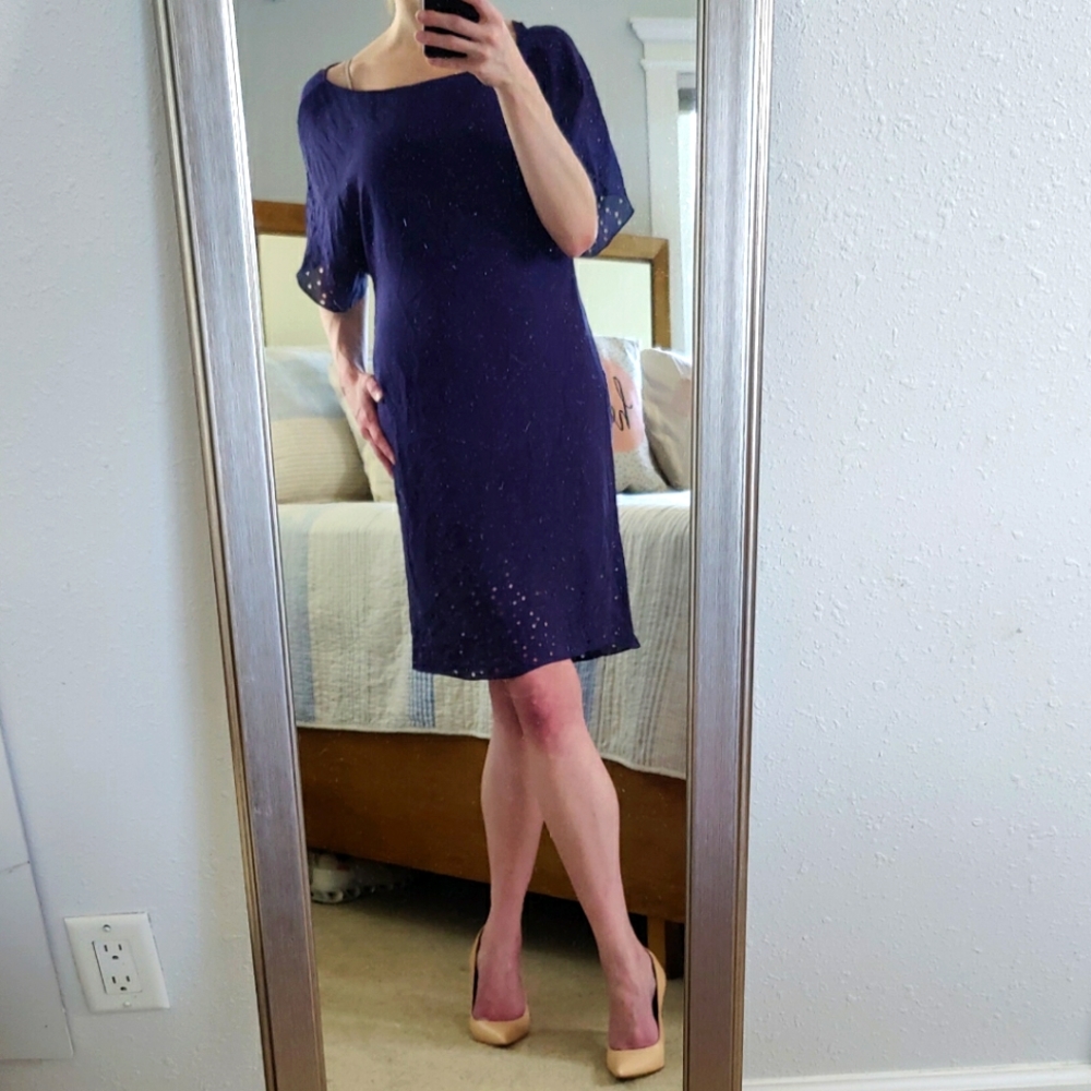 Elizabeth & James Silk Chiffon Eyelet Shift Dress in Navy